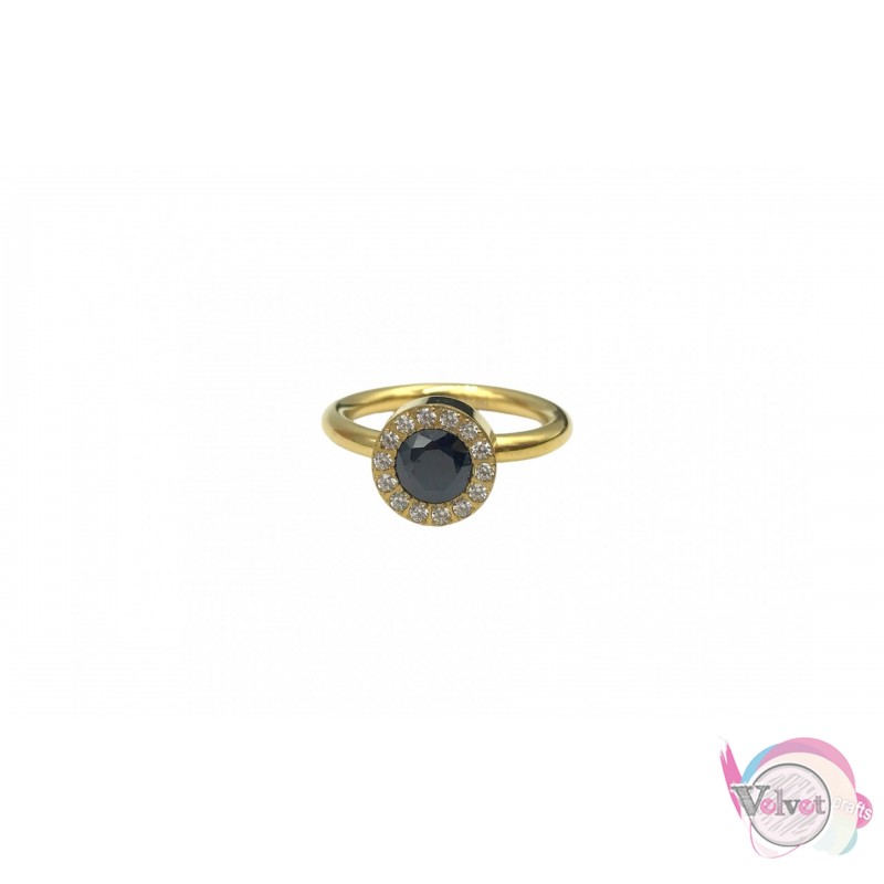 Ατσάλινο δαχτυλίδι με μαύρο κρυσταλλάκι και στρασάκια, χρυσό, 1τμχ Δαχτυλίδια γυναικεία