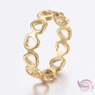 Ατσάλινο δαχτυλίδι, με καρδιές, σεβαλιέ, χρυσό, 15mm, 1τμχ Δαχτυλίδια γυναικεία