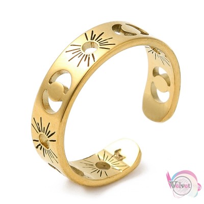 Ατσάλινo δαχτυλίδι ανοιγόμενο, ήλιος-φεγγάρι, χρυσό, 16.5mm, 1τμχ Δαχτυλίδια γυναικεία