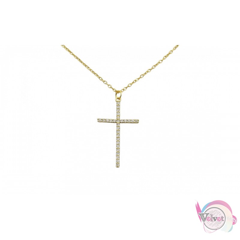 Ατσάλινο κολιέ σταυρός, με ζιργκόν, χρυσό, 40cm, 1τμχ Κολιέ με σταυρό 