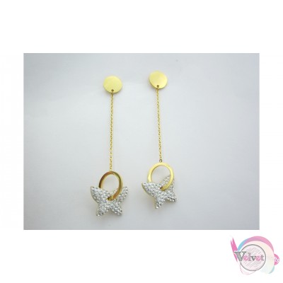 Ατσάλινα σκουλαρίκια, πεταλούδα με στρας, χρυσό, 65mm, 1ζεύγος. Σκουλαρίκια