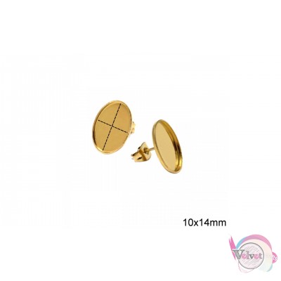 Ατσάλινα σκουλαρίκια με οβάλ καστόνι, χρυσό, 10x14mm, 6τμχ. Εξαρτήματα
