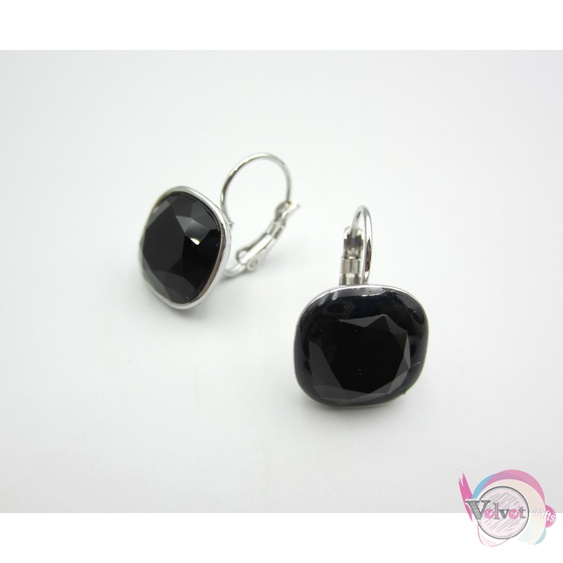 Ατσάλινα σκουλαρίκια, με κρυσταλλάκι μαύρο, ασημί, 2cm, 1ζευγάρι Ατσάλινα σκουλαρίκια