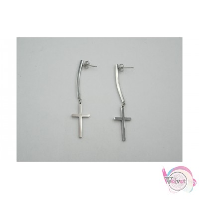 Ατσάλινα σκουλαρίκια κρεμαστά με σταυρό, ασημί, 55mm, 1 ζευγάρι Ατσάλινα σκουλαρίκια