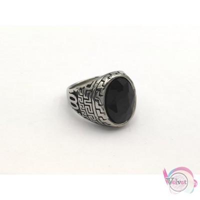 Ατσάλινο δαχτυλίδι, ασημί αντικέ, με μαύρη πέτρα οβάλ,  1τμχ Δαχτυλίδια ανδρικά 