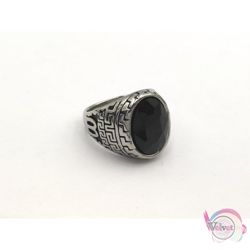 Ατσάλινο δαχτυλίδι, ασημί αντικέ, με μαύρη πέτρα οβάλ,  1τμχ Δαχτυλίδια ανδρικά 