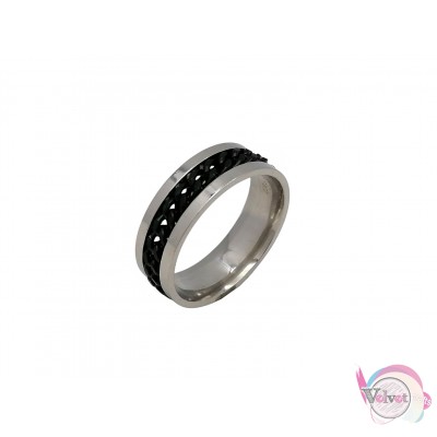 Ατσάλινο δαχτυλίδι, με μαύρη αλυσίδα, ασημί, 8mm, 1τμχ Δαχτυλίδια ανδρικά 