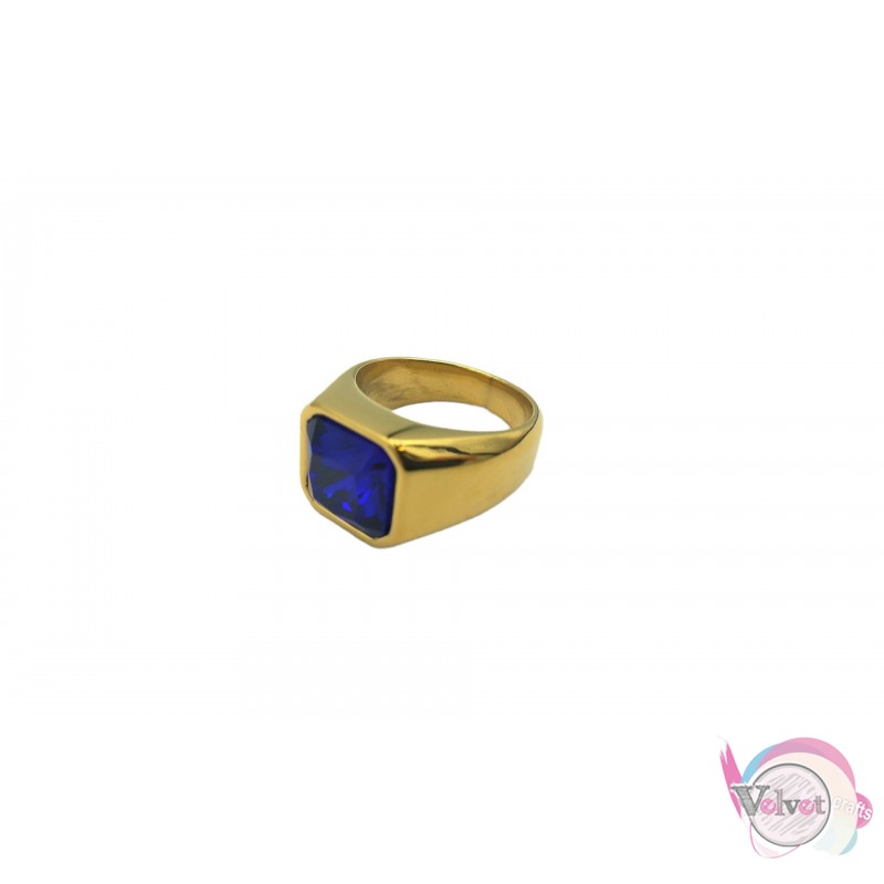 Ατσάλινο δαχτυλίδι, χρυσό με μπλε πέτρα, 12mm, 1τμχ Δαχτυλίδια ανδρικά 