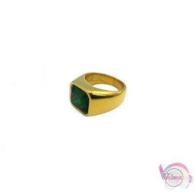 Ατσάλινο δαχτυλίδι, χρυσό με πράσινη πέτρα, 12mm, 1τμχ Δαχτυλίδια ανδρικά 