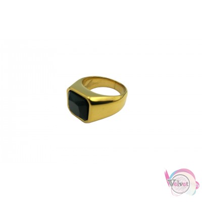 Ατσάλινο δαχτυλίδι, χρυσό με μαύρη πέτρα, 12mm, 1τμχ Δαχτυλίδια ανδρικά 