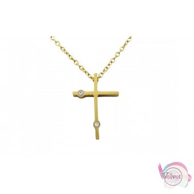  Ατσάλινο κολιέ σταυρός με δύο ζιργκόν, χρυσό, 40cm, 1τμχ. Ατσάλινοι σταυροί