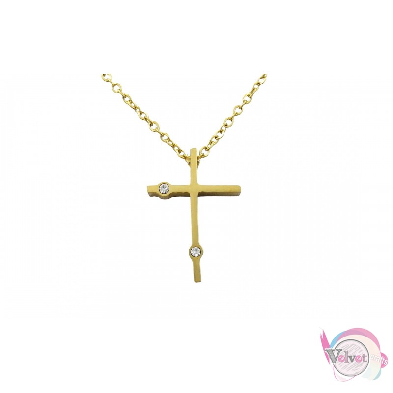  Ατσάλινο κολιέ σταυρός με δύο ζιργκόν, χρυσό, 40cm, 1τμχ. Ατσάλινοι σταυροί