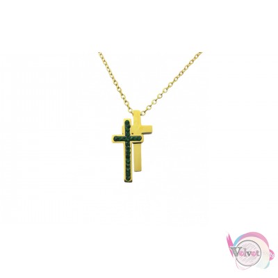  Ατσάλινο κολιέ, διπλός σταυρός με στρας, χρυσό-πράσινο, 40cm, 1τμχ Δίχρωμοι Σταυροί