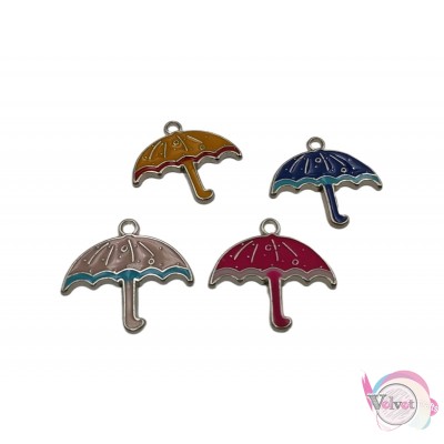 Κρεμαστές ομπρέλες με σμάλτο, ασημί-πολύχρωμες, 28x26mm, 10τμχ. Με σμάλτο