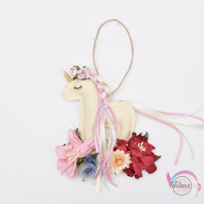 Fabric hanging unicorn decorated with flowers, 20cm, 1pc  Textile materials