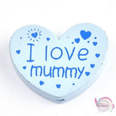 Ξύλινες χάντρες, ''i love mummy'', γαλάζιες, 23mm,  10τμχ. Ξύλο