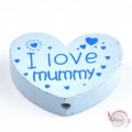Ξύλινες χάντρες, ''i love mummy'', γαλάζιες, 23mm,  10τμχ. Ξύλο