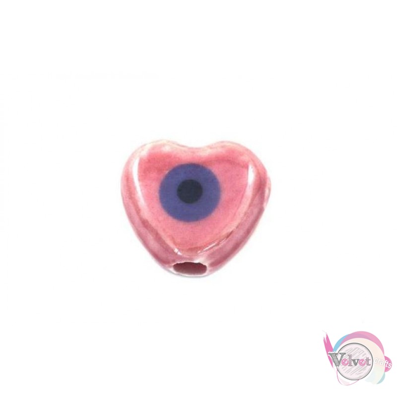 Κεραμική χάντρα, καρδιά, με γαλάζιο μάτι, ροζ, 12mm, 5τμχ Κεραμικές χάντρες