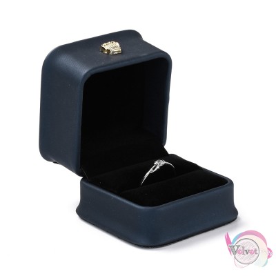 Κουτάκι δώρου από δερματίνη για δαχτυλίδι, τετράγωνο με κορώνα, μπλε σκούρο, 5.9cm, 1τμχ. Συσκευασίες