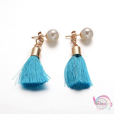 Σκουλαρίκια με πέρλα και φούντα, γαλάζιο, 6cm, 1 ζευγάρι. Σκουλαρίκια